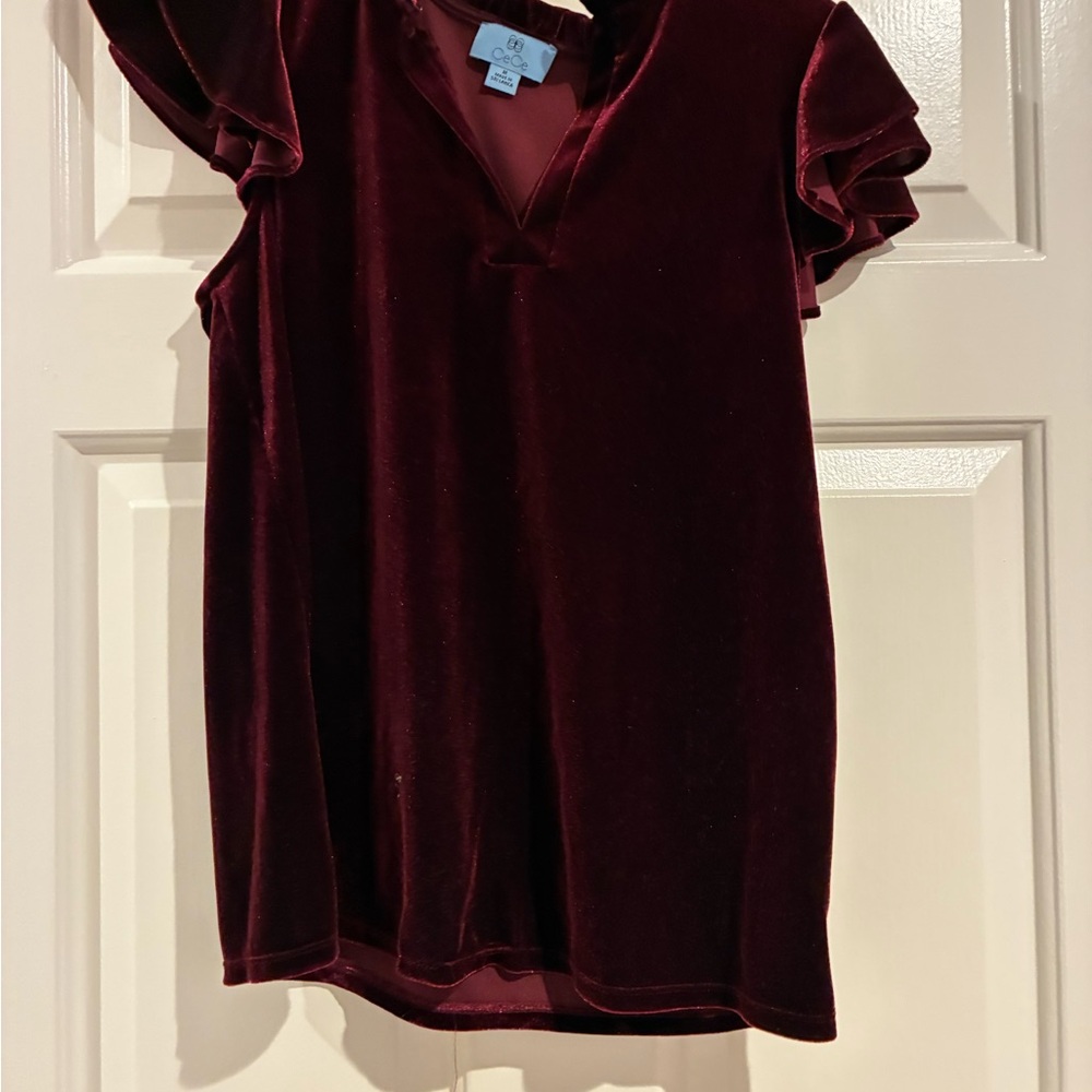 CeCe Velvet Ruffle Sleeve Blouse - Deep Burgundy - size medium